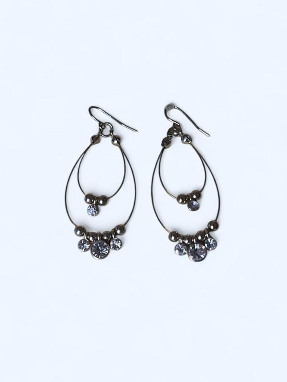 Delicate Crystal Teardrop Wire Drop Earrings - Silver